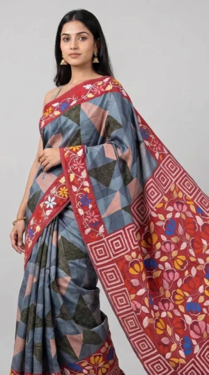 Abstract Grey Tussar Kantha Saree: 1 Exquisite, Elegant Masterpiece