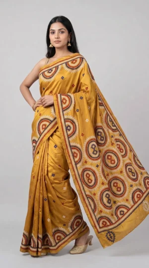 Mustard Yellow Bangalore Silk Kantha Saree – Elegant & Unique