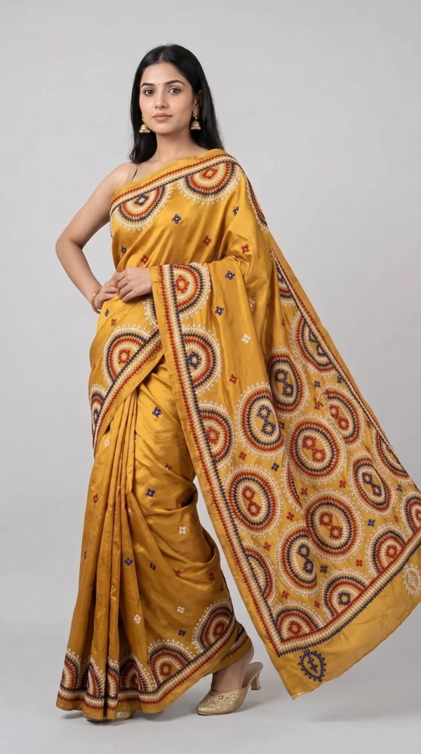 Mustard Yellow Bangalore Silk Kantha Saree – Elegant & Unique