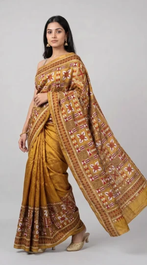 Golden Yellow Bangalore Silk Kantha Saree – Elegant & Unique