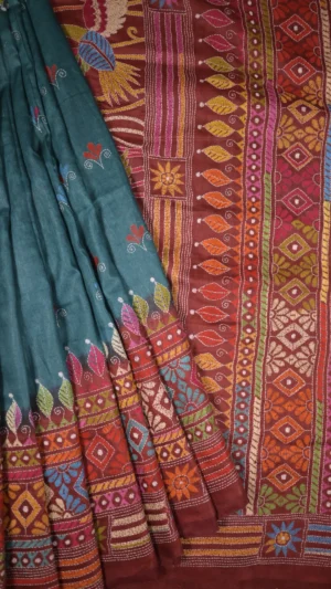 Sky blue color with multi color stitch work on Tussar silk saree