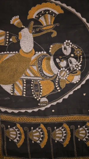 Black color kantha stitch work on Bishnupuri silk saree