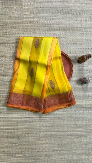 Yellow color with stripe golden zari border Kora Rangkat saree