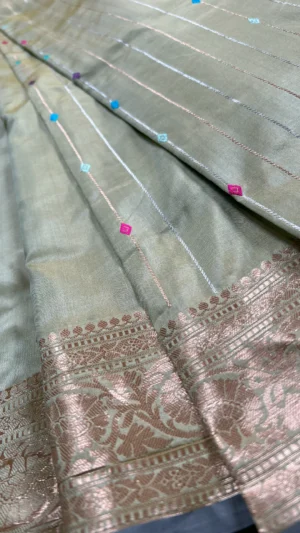Pesta green color with golden stripe Katan silk saree