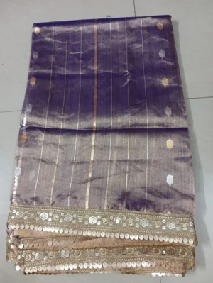 Purple color with butte piping lace border Tissue saree