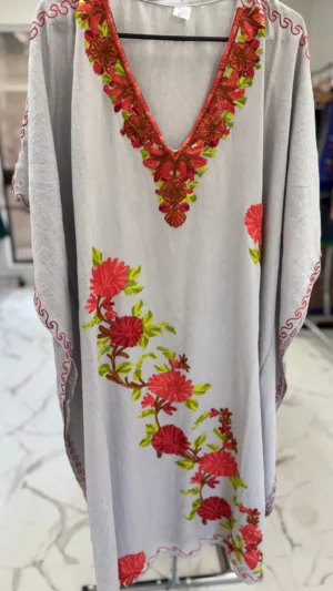 Grey Silk V-neck Embroidered Kaftan