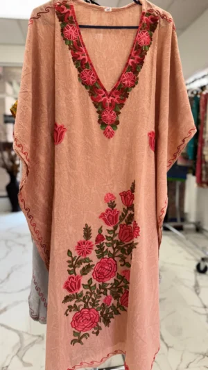 Peachy Silk V-neck Embroidered Kaftan