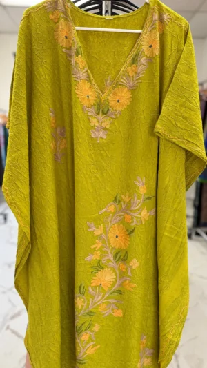 Olive Green Silk V-neck Embroidered Kaftan