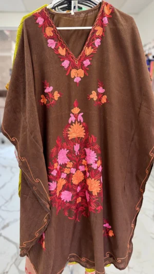 Dark Brown Silk V-neck Embroidered Kaftan
