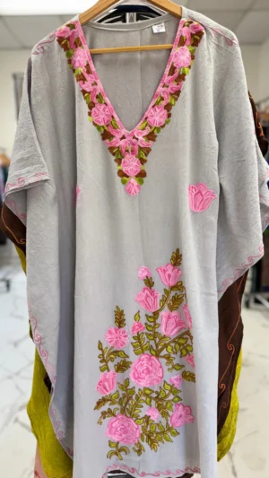 Grey Silk V-neck Embroidered Kaftan
