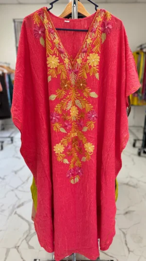 Red Silk V-neck Embroidered Kaftan