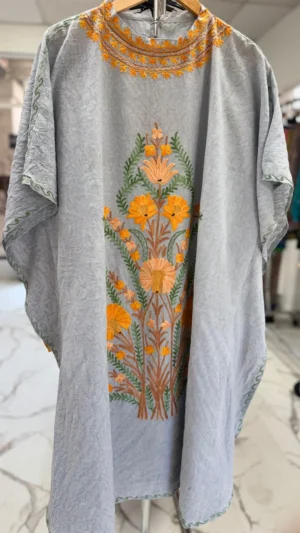 Grey Embroidered Boat Neck Silk Kaftan