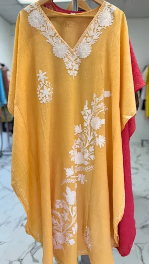 Yellow Silk V-neck Embroidered Kaftan