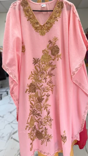 Light pink Silk V-neck Embroidered Kaftan