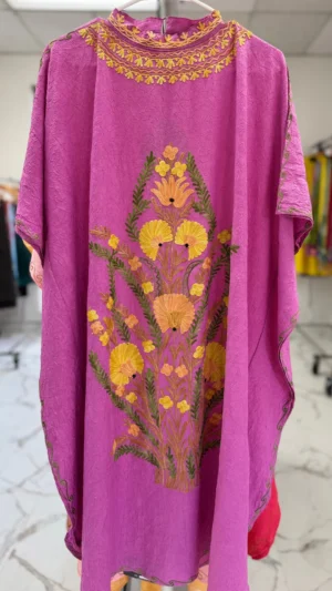 Magenta Embroidered Boat Neck Silk Kaftan