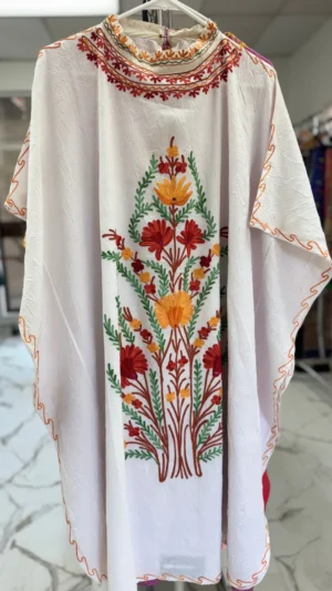 White Embroidered Boat Neck Silk Kaftan