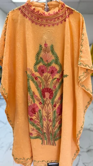 Orange Embroidered Boat Neck Silk Kaftan