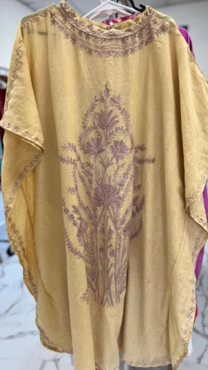 Beige Embroidered Boat Neck Silk Kaftan