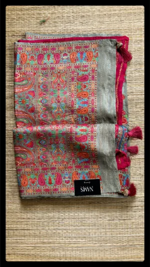 Grey Kashmiri Kani Silk Saree with Tassels on Aanchal