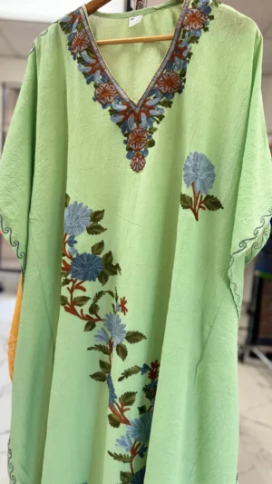Light green Silk V-neck Embroidered Kaftan