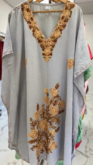 Grey Silk V-neck Embroidered Kaftan