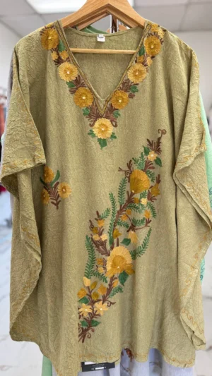Olive green Silk V-neck Embroidered Kaftan