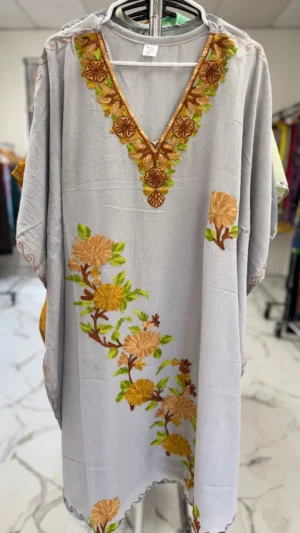 Grey Silk V-neck Embroidered Kaftan