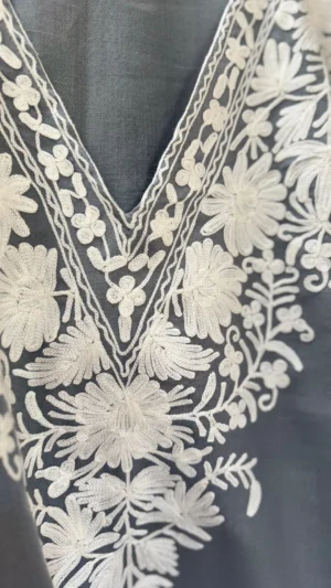 Grey Silk V-neck Embroidered Short Kaftan