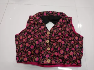 Pink Florals on Black Jacket Style Sleeveless Blouse