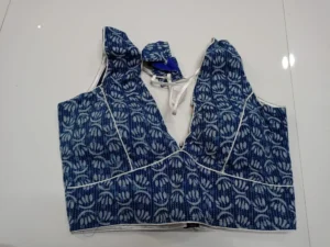 Indigo Blue V Neck Cotton Sleeveless Blouse