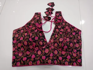 Pink Florals on Black V Neck Cotton Sleeveless Blouse