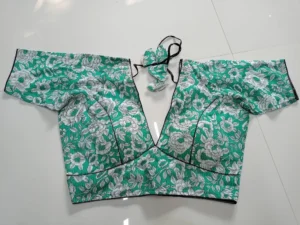 White Florals on Green Printed V Neck Cotton Blouse