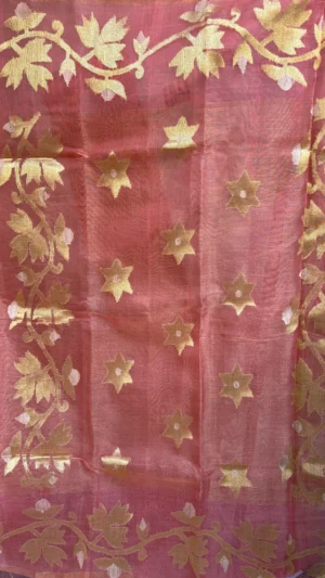 Orange Resham Tissue Saree with Golden Zari Work