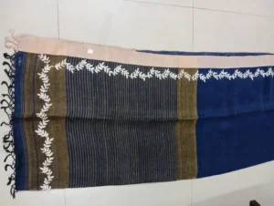 Navy blue linen jamdani saree with beige border and woven motifs