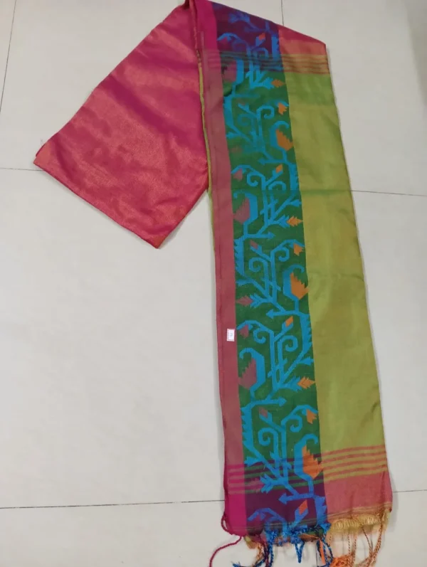 Red Tissue Saree with Light Green Anchal and Subtle Zari Accents