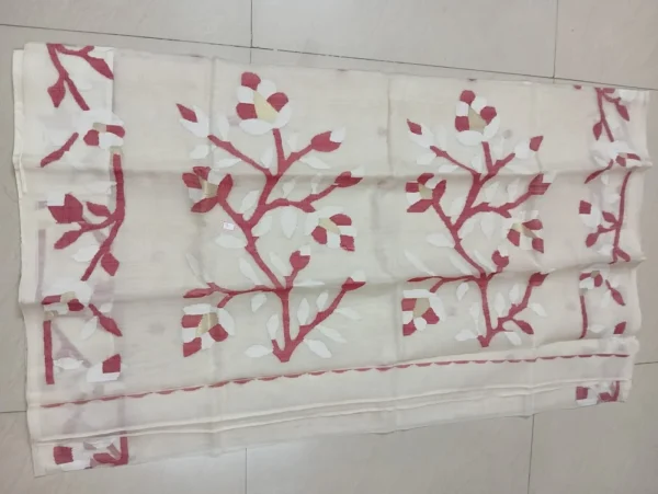 Off-White Muslin Kantha Saree with Brown Kantha Stitch Work