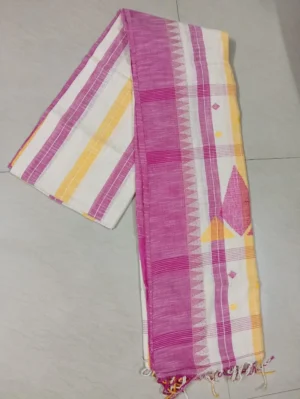 off-white Khadi saree with pink temple border