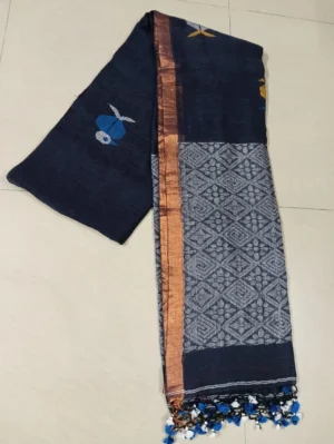 Dark navy blue Linen Jamdani saree