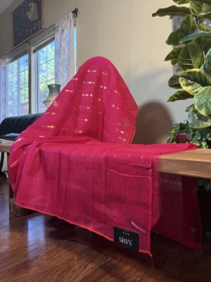 Red Jamdani Saree with Handwoven Floral Motifs in Cotton Weave