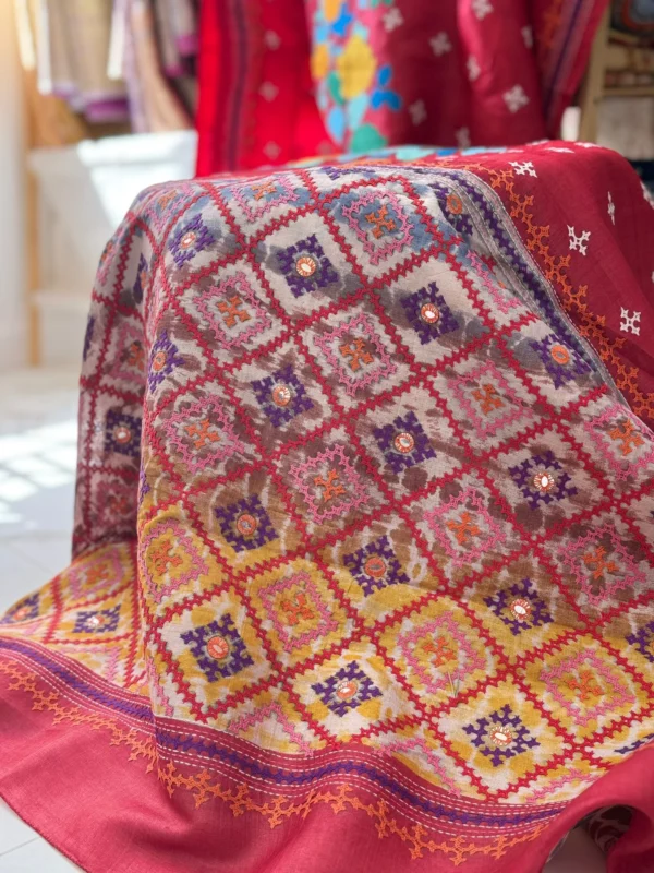 Serene Red Kantha Stitch Tussar Silk Saree with Kutch and Shibori