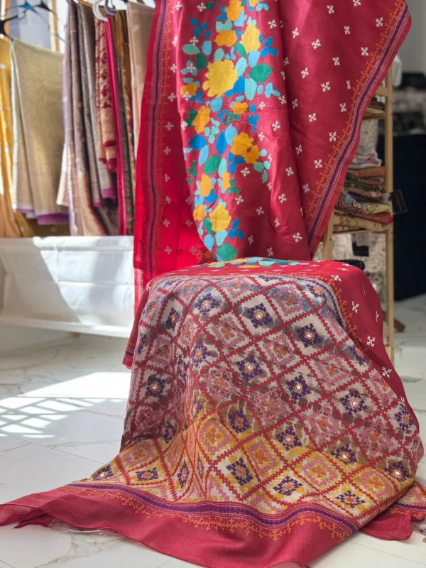 Serene Red Kantha Stitch Tussar Silk Saree with Kutch and Shibori