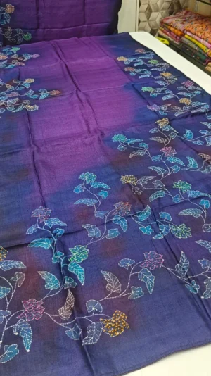 Purple Tussar Silk Saree with Gunspray Effect and Kantha Work