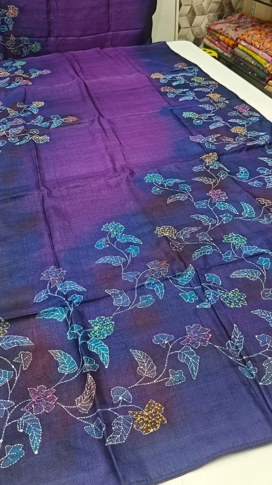 Purple Tussar Silk Saree with Gunspray Effect and Kantha Work