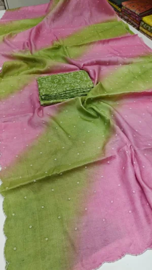 Dual Tone Tussar Silk Saree – Green & Pink with Chikankari Kust Embroidery