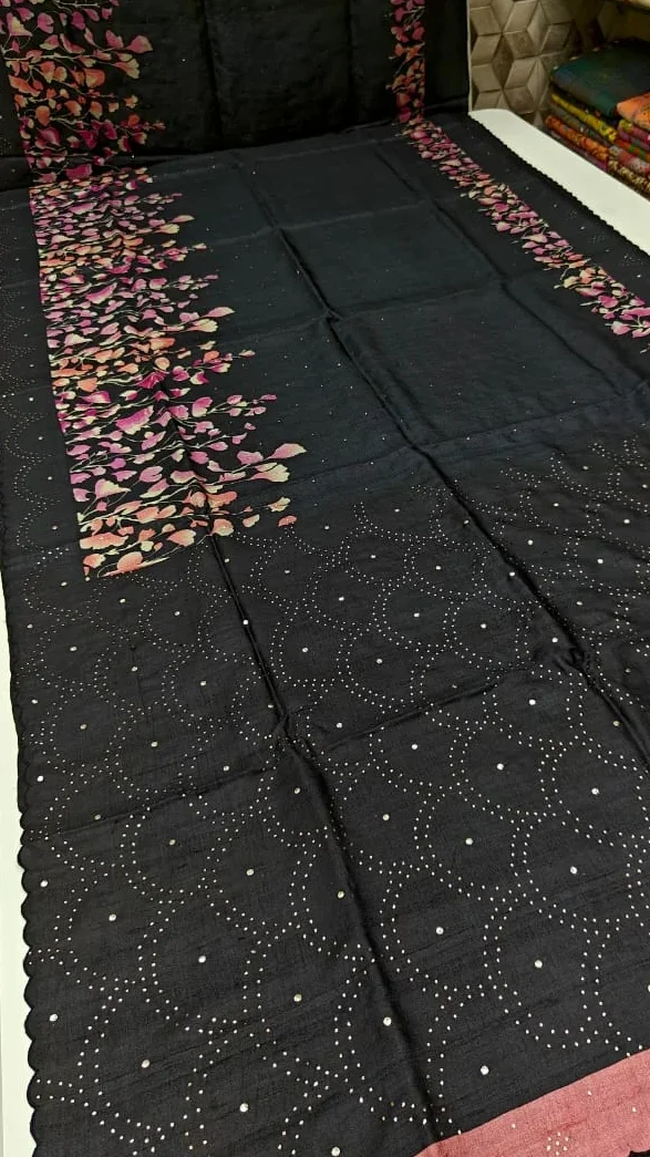 Black Tussar Silk Saree with Mukaish Work