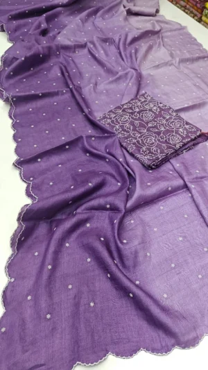 Purple Chikankari Tussar Silk Saree – Buti Embroidered Handloom Elegance