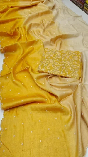 Yellow Tussar Silk Saree with Chikankari Kust Embroidery