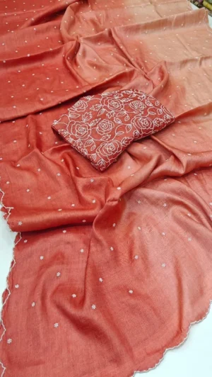 Peach Tussar Silk Saree with Chikankari Kust Embroidery
