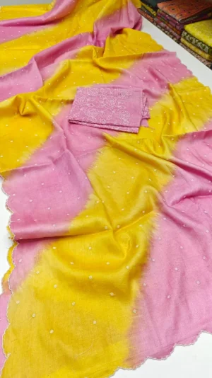 Sunset Dreams Chikankari Tussar Silk Saree with Kust Embroidery