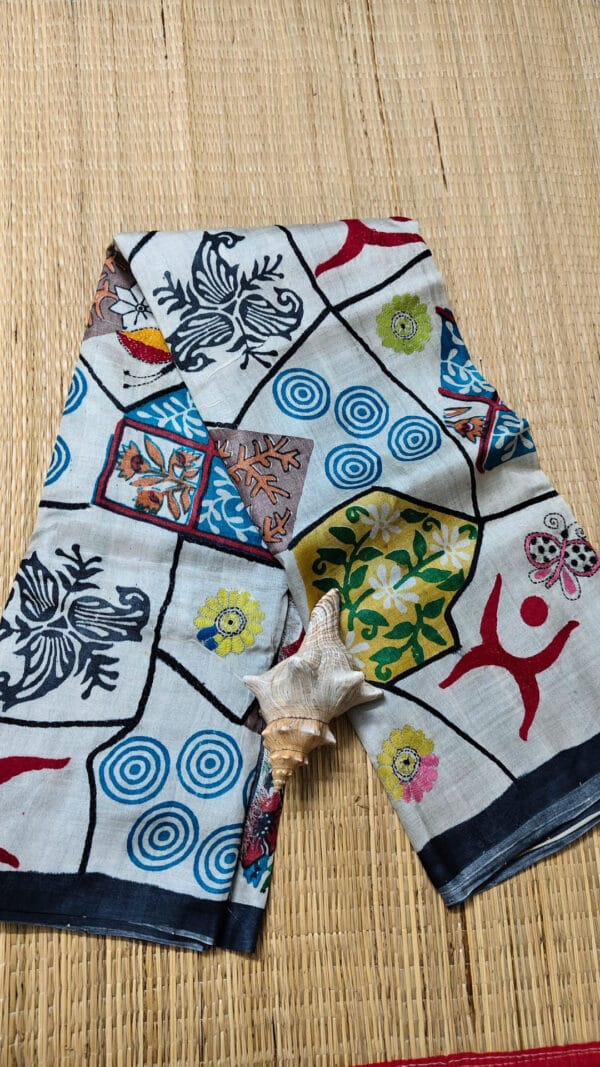 Tussar saree with mirror work and Gujarati embroidery in ash grey – handcrafted elegance by Nams Design.